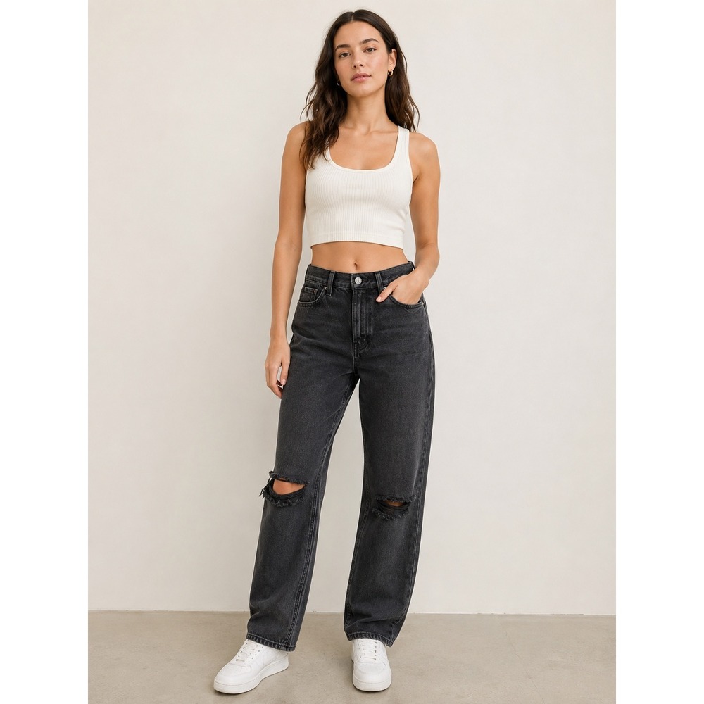 PacSun Jeans Women 24 Cave Black Dad Jean High Rise Relaxed Straight Distressed